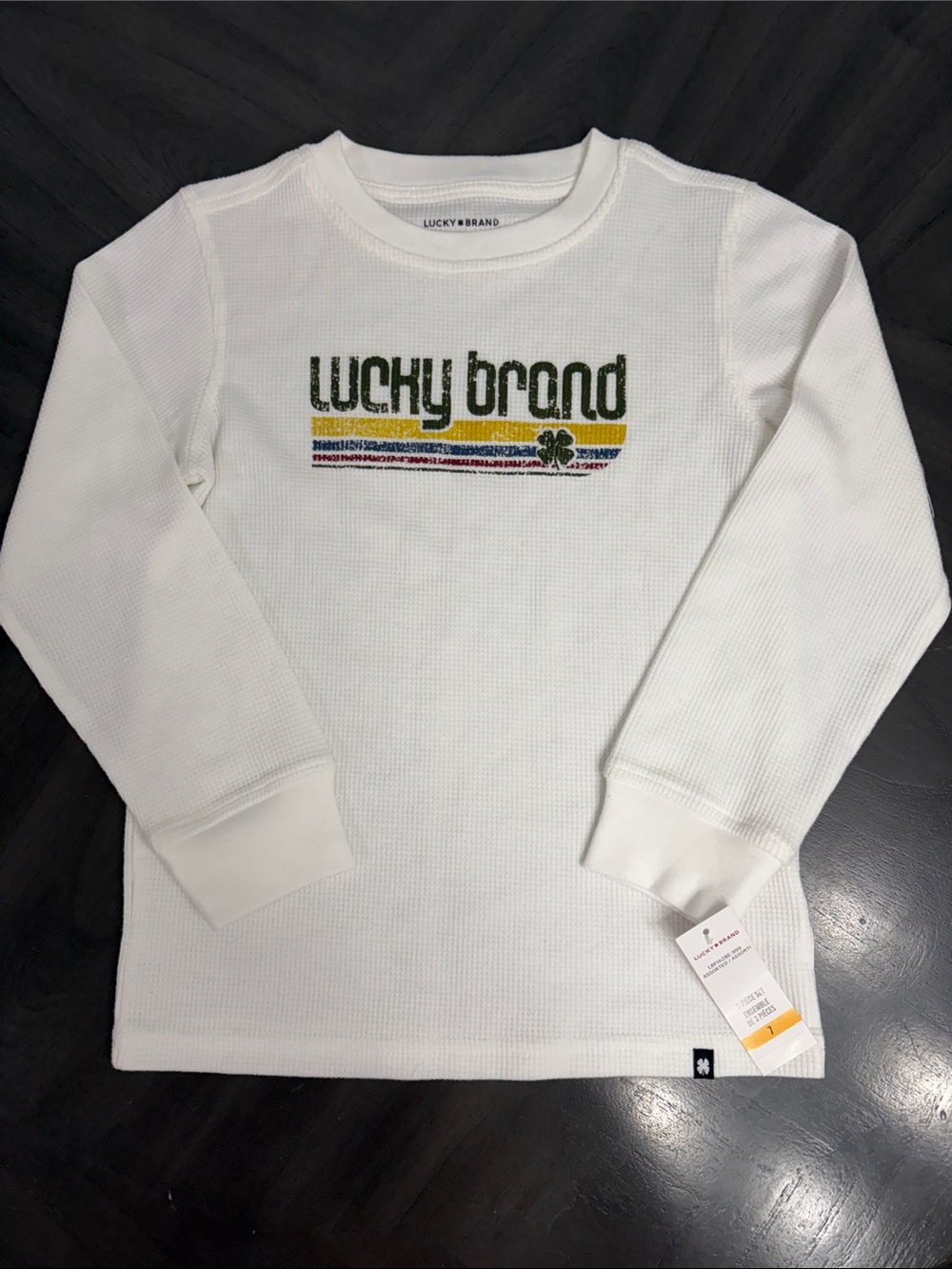 Lucky Brand White Long-Sleeve Waffle Top with Logo and Multicolor Stripes Size 7